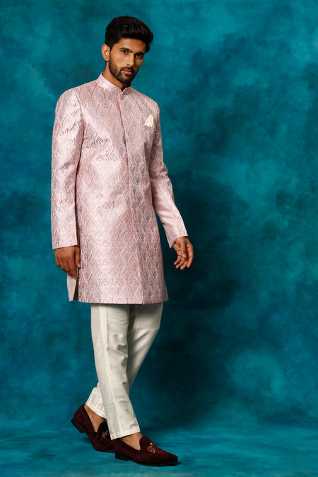 VASTRAMAY Men's Purple Pastel Embroidered Sherwani Set